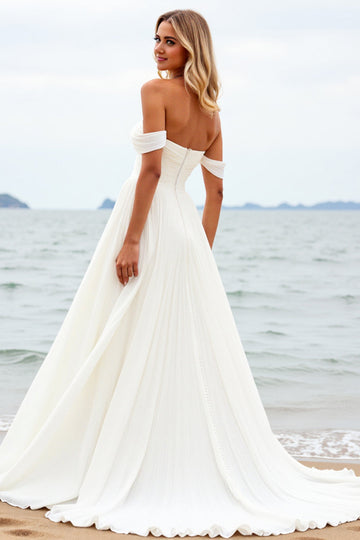 Off The Shoulder Ivory A Line Wedding Dress With Slit